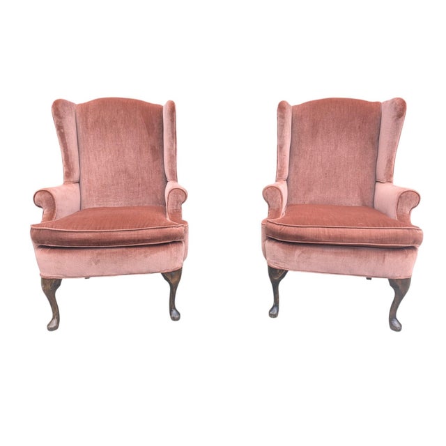 Mid 20th Century Mid 20th Century Rose Gold Pink Crushed Velvet Wingback Chairs- A Pair For Sale - Image 5 of 18