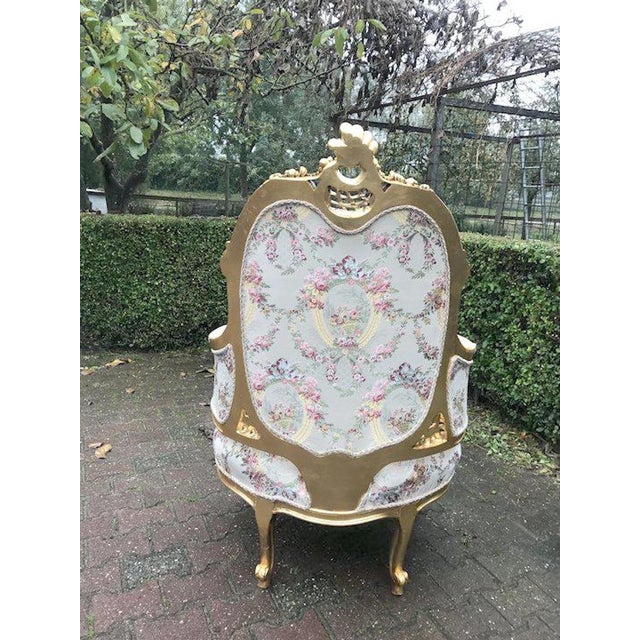 Late 20c French Louis XVI Gilt Beech Damask Bergère – 2 PCS For Sale - Image 4 of 12