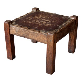Antique Early American Upholstered Wood Footstool For Sale