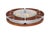 A mid-century modern lazy Susan serving tray by Lenox. A circular wooden plate supports four metal trays with brown enamel...
