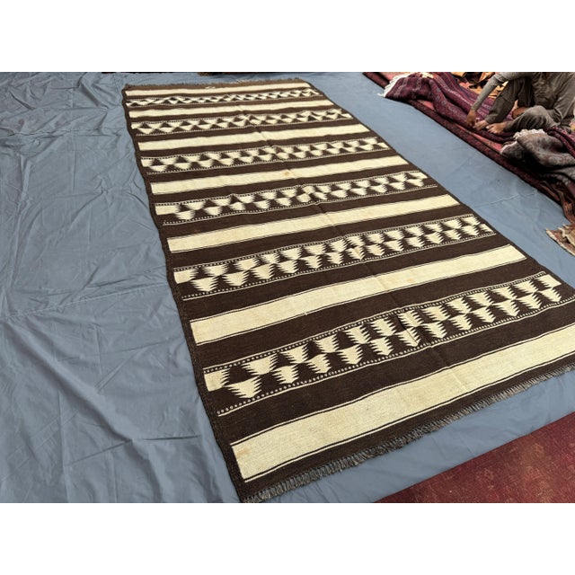 Ivory 6x12 Vintage Flat Weave Kilim Rug, Brown & Ivory Geometric Design, Handwoven Wool Rug For Sale - Image 8 of 12