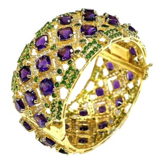 Bochic “Capri” Vintage Amethyst & Multi Color Gem & Cuff - 18K Gold & Silver For Sale