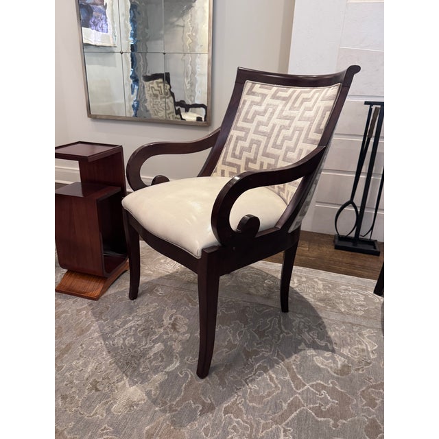 Ivory Pair of Custom Dark Wood Scroll Arm Accent Chairs – Greek Key Upholstery For Sale - Image 8 of 9