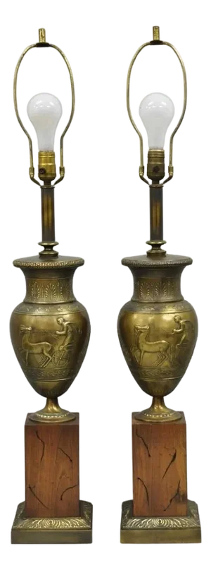 Vintage French Neoclassical Horse & Chariot Bronze Finish Urn Table Lamps a Pair