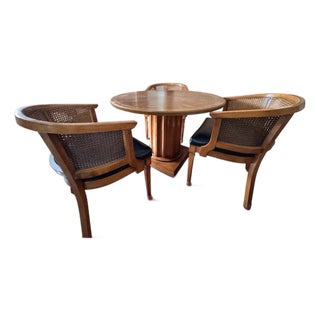 Three Vintage Cane Back Club Chairs and Fluted Pedestal Round Table For Sale