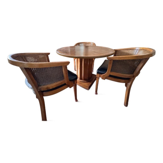 Three Vintage Cane Back Club Chairs and Fluted Pedestal Round Table For Sale