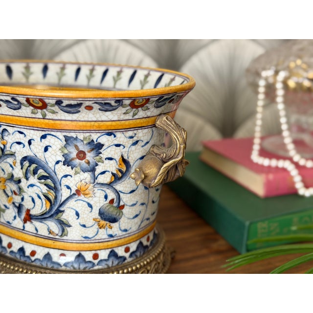 Ceramic Vintage Porcelain Crackle Glaze Floral Jardinière Brass Ormolu-Style Footed Cachepot Planter Vase For Sale - Image 7 of 17