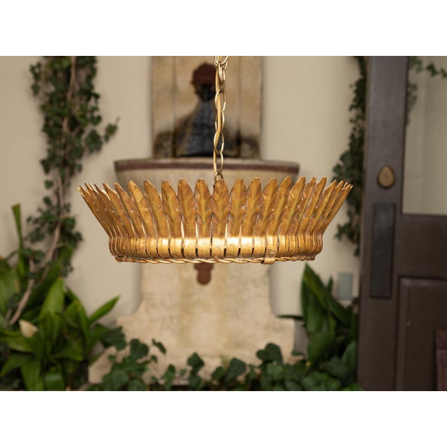 Vintage Spanish Gilt Metal Crown Chandelier with Frosted Glass and Leaf Motifs For Sale In Atlanta - Image 6 of 12