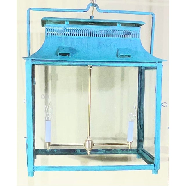 One of a Kind Hand-Painted Turquoise Hanging Lantern Steel & Solid Brass For Sale - Image 9 of 18