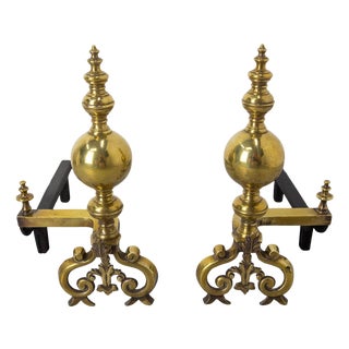 18th Century Brass and Wrought Iron Andirons, France, Set of 2 For Sale