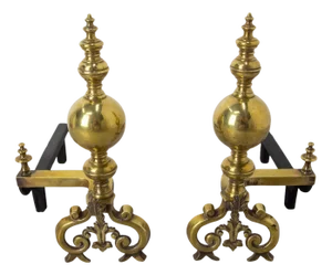 18th Century Brass and Wrought Iron Andirons, France, Set of 2