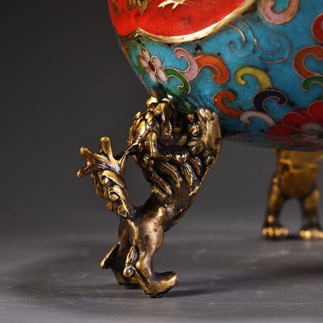 Late 19th Century Pair of Cloisonné Enamel Tripod Censers With Phoenix Finials, 2200g Total For Sale In Los Angeles - Image 6 of 10