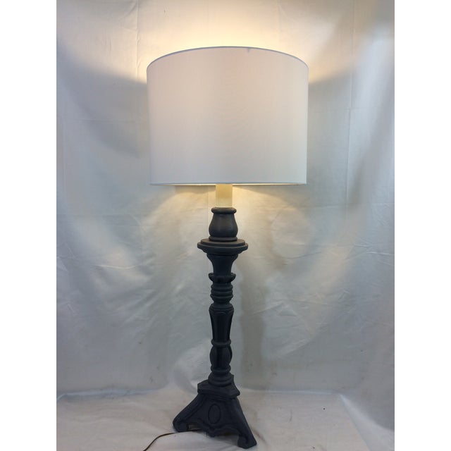 This plaster pricket lamp, dating from the 1960's, is painted gray and was a new white shade. It was been newly rewired...