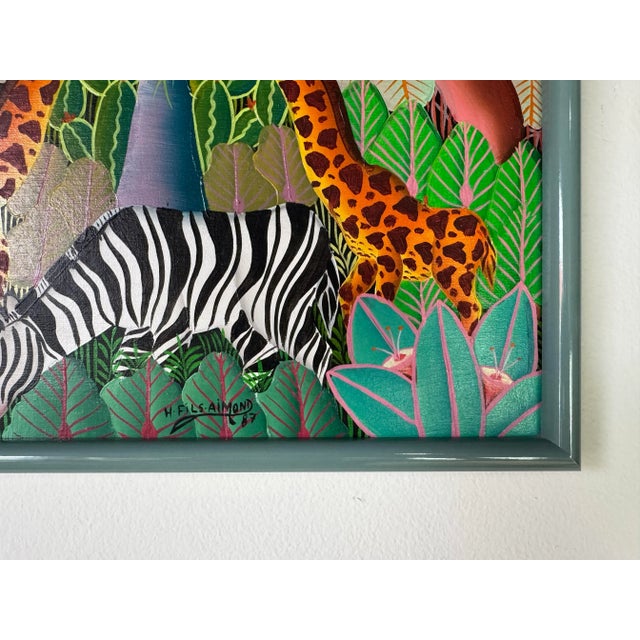 Wood 1987 H. Fils Aimond Haitian Folk Art Jungle Landscape With Zebra & Giraffes – Sold For Sale - Image 7 of 8
