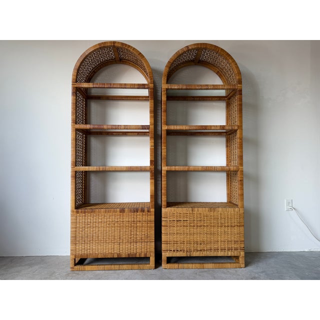 1970's Vintage Palm Beach Regency Style Arched Rattan & Glass Étagères – A Pair For Sale - Image 18 of 18