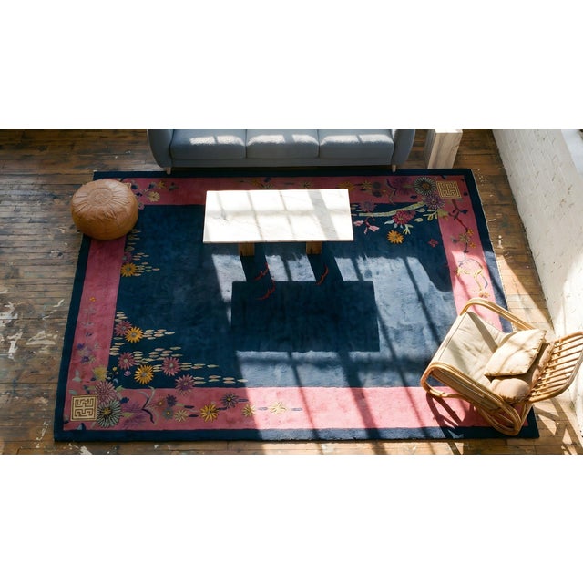 1920s Blue Navy Open Field Floral Antique Chinese Art Deco Carpet 9' X 11'8" Knotted Wool Rug For Sale - Image 13 of 13