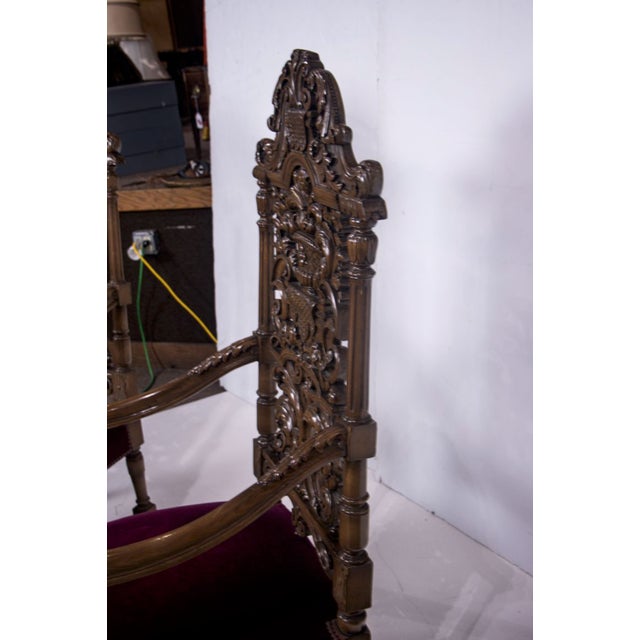 Gothic Monumental Carved Renaissance Revival “Throne” Armchairs – Ornate Figural Backs, Velvet Seats, Pair, C. 1880 For Sale - Image 3 of 5