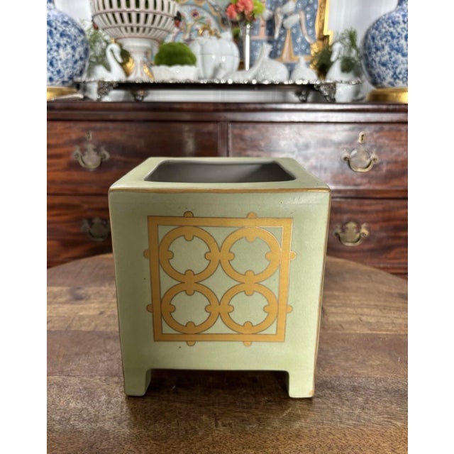 Mid to Late Twentieth Century Palm Beach Style Soft Green Square Footed Cachepot Planter With Gold Trellis Pattern For Sale - Image 6 of 6
