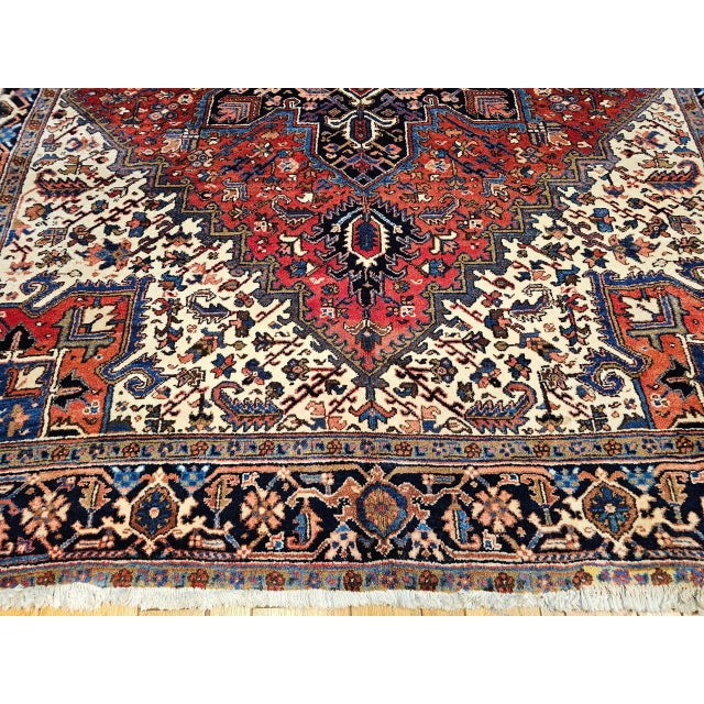 Textile Vintage Persian Heriz Rug, Hand-Knotted Wool, Geometric Medallion Pattern, Brick-Red & Navy, 8x11 For Sale - Image 7 of 12