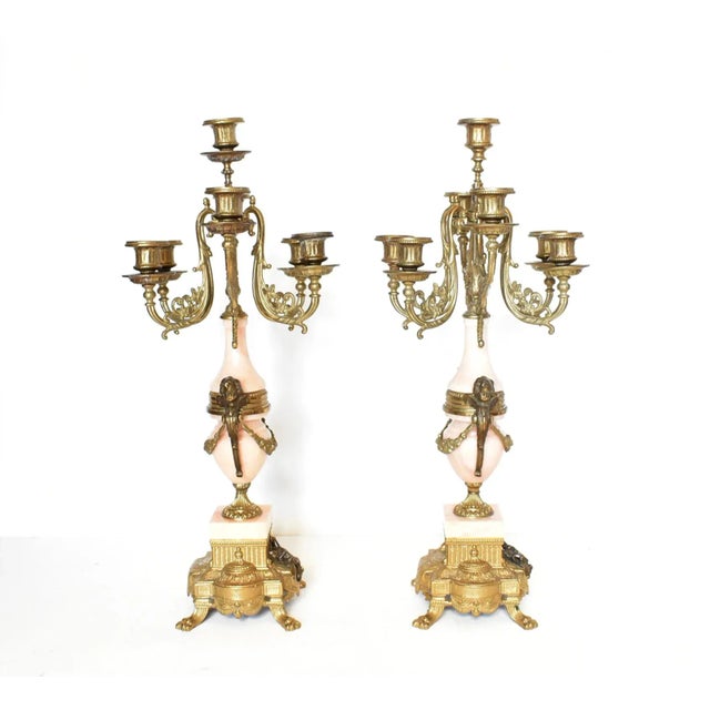 Metal Italian Empire Brevettato Pink Marble & Ormolu Candelabra - a Pair For Sale - Image 7 of 10