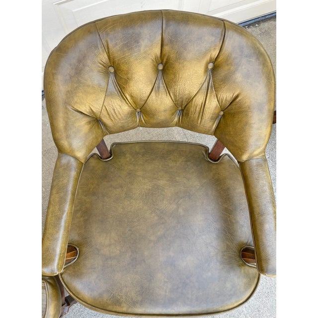 Set of Four Vintage Lewittes Tufted Sage Vinyl Club/Conference Chairs With Brass Casters For Sale - Image 11 of 17