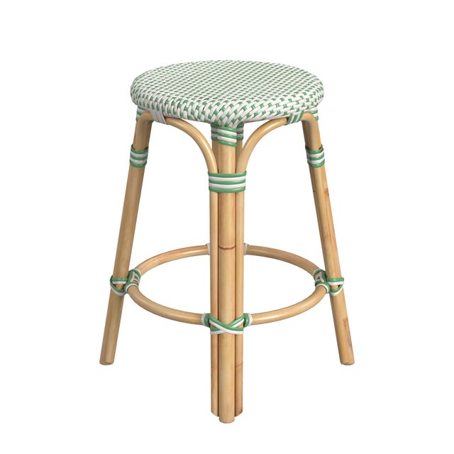 2020s Tobias 24 in. Seat Height Round Rattan Backless Counter Stool, White/Green Dot/ Natural Rattan Frame For Sale - Image 5 of 7