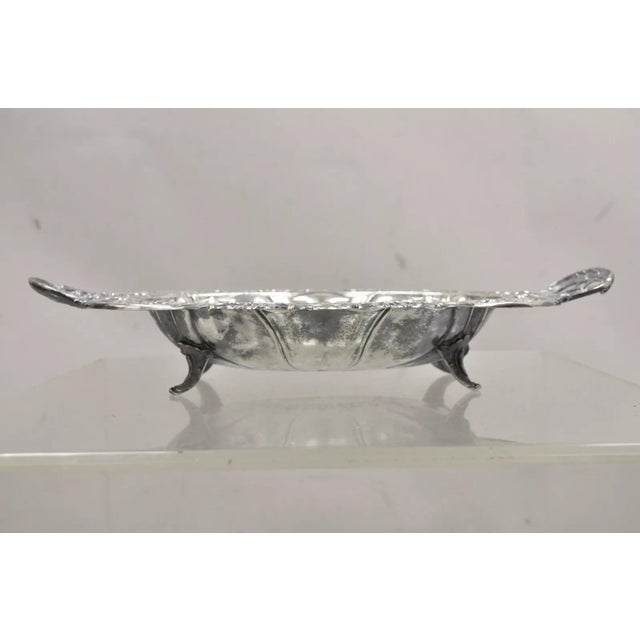 Vintage English Victorian Floral Repousse Ornate Twin Handle Footed Dish Bowl. Circa Mid 20th Century. Measurements: 3" H...