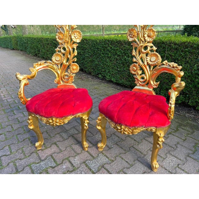 Mid 20c Italian Baroque Gold Beech Red Velvet Side Chairs Pair For Sale - Image 4 of 12