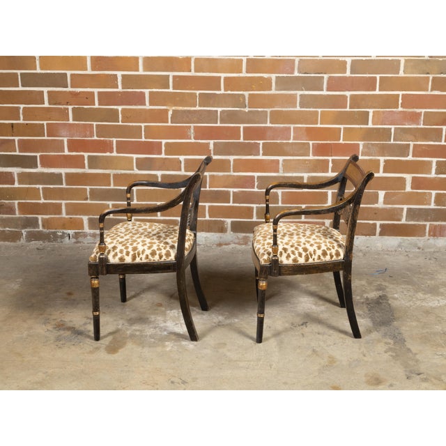 Pair of English Regency Period Early 19th Century Black and Gold Armchairs For Sale - Image 10 of 12