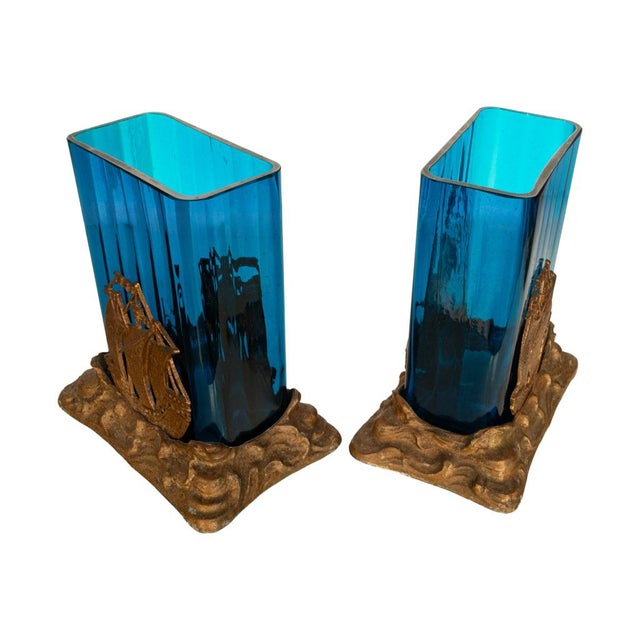 Antique American Art Deco Brass Glass Vases Ship Bookends Bradley & Hubbard 1925 For Sale - Image 9 of 13
