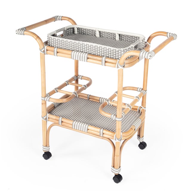 Selena 34.5 in. W Rectangular Rattan 2 Tier Mobile Removeable Top Bar Cart with Bottle Holders, Grey For Sale - Image 9 of 9