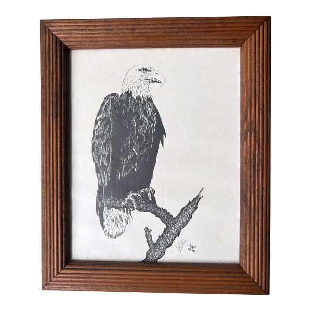 Signed Dick Ayre Bald Eagle Wildlife Print in Rustic Wood Frame, Circa 1992 For Sale