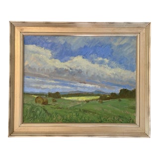 Original Landscape With Hay Bales Oil Painting, Framed For Sale
