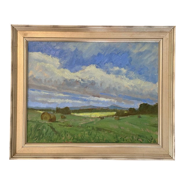 Original Landscape With Hay Bales Oil Painting, Framed For Sale