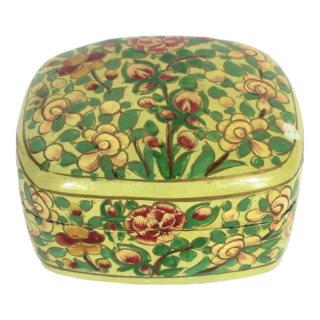 Vintage Hand Painted Kashmir Lacquered Trinket Box For Sale