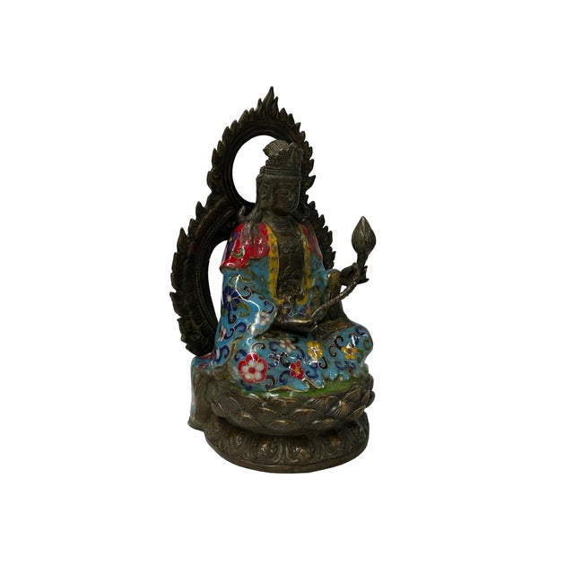Vintage Cloisonne Enamel Lotus Bodhisattva Metal Buddha Statue For Sale - Image 11 of 11