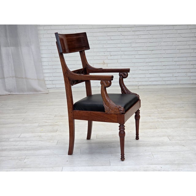 Armchairs in Carved Teak and Leather after Georges Jacob, 1920s-1930s, Set of 2 For Sale - Image 4 of 18