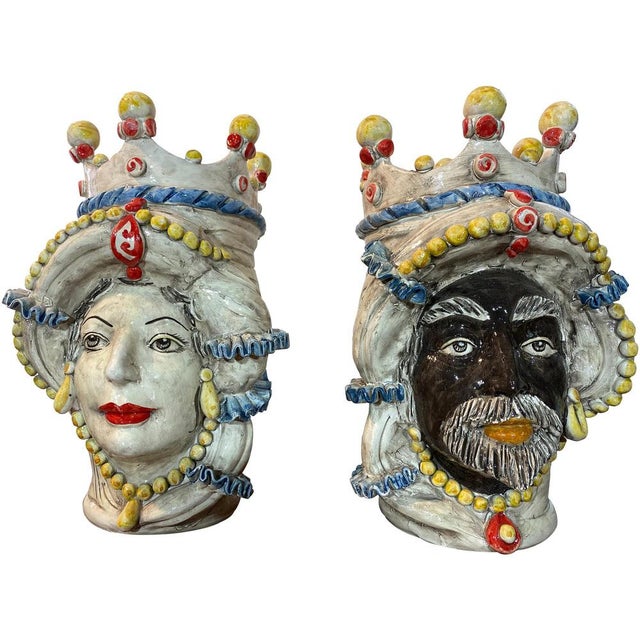 Sicilian Ceramic Heads from Caltagirone, Set of 2 For Sale - Image 18 of 18