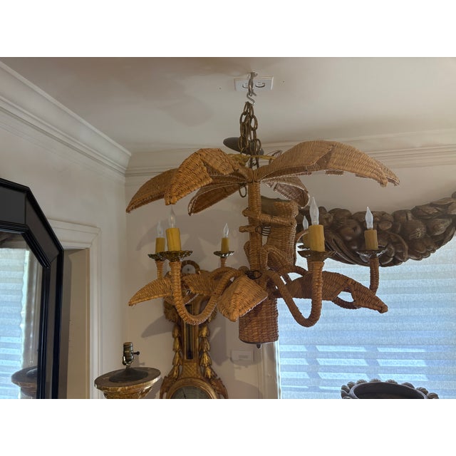 Mario Torres Palm Tree Chandelier With Monkey. Offered is a great signed Mexican Modern Woven Rattan Palm Tree Chandelier...