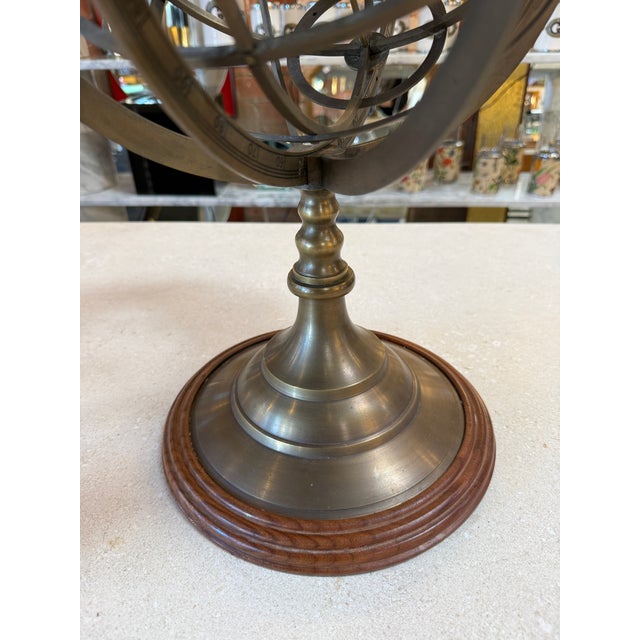 Brass Armillary Sphere on Wooden Base, Celestial Decorative Object For Sale - Image 4 of 7