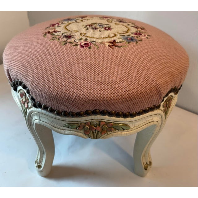 Vintage French Provincial Pink Needlepoint Footstool For Sale - Image 10 of 11