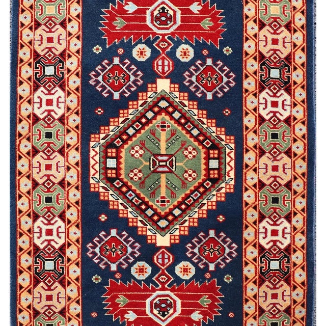 Geometric Vintage Caucasian Rug With Tribal Geometric Medallions in Blue and Red For Sale - Image 11 of 12