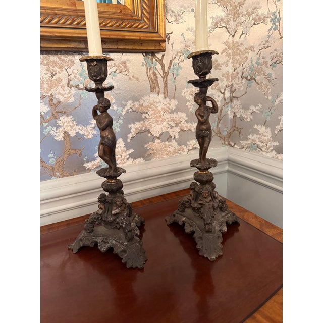 Pair of }Italian Renaissance-Revival Bronze Candlesticks For Sale - Image 11 of 15