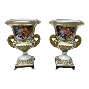 Antique Pair French Edwardian Campana Porcelain Urns Vases Still Life Flowers