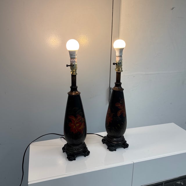 Circa 1990's Chinoiserie Hand Painted Floral Table Lamps, Pair For Sale - Image 12 of 12