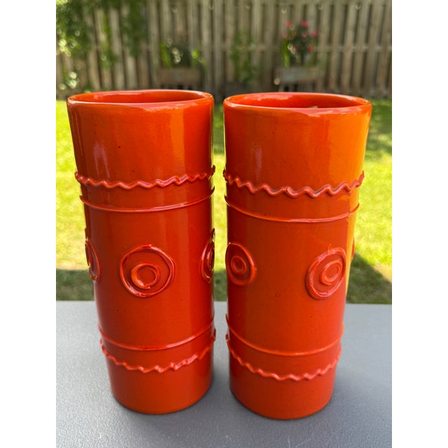 1960s MCM Art Deco Ceramic Vases Abstract Orange Made in Italy - Pair For Sale - Image 6 of 9