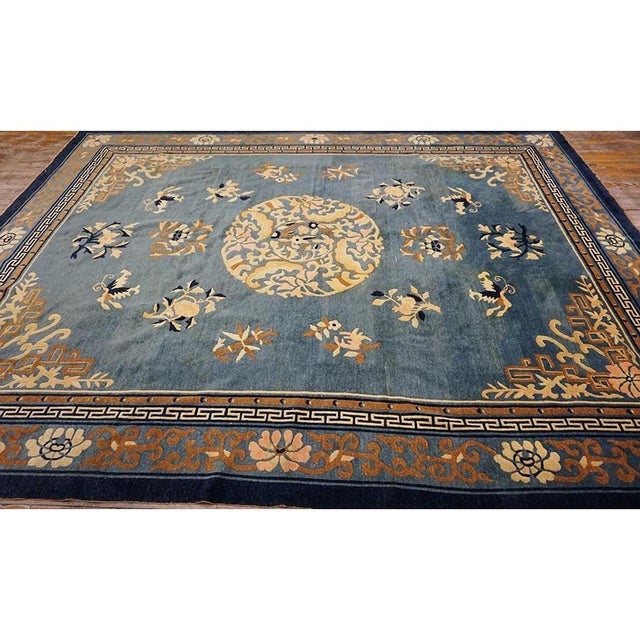 Wool Room Size Antique Medallion Chinese 1880s Knotted Rectangle Blue Peking Rug For Sale - Image 9 of 9