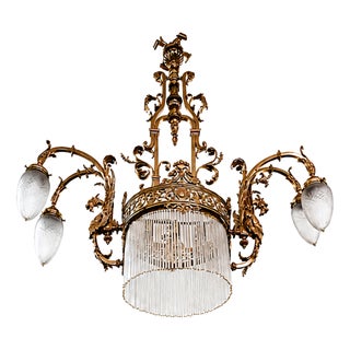 Liberty Chandelier in Gilded Bronze and Satin Glass, 1890s For Sale