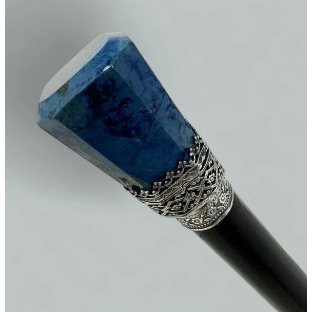 Late 19th Century Antique Vintage Wooden Ebony Lapis Lazuli Walking Stick Cane Sterling Silver 19c For Sale - Image 5 of 9