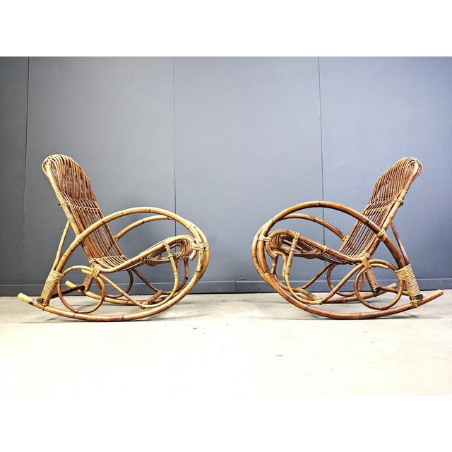 Boho Chic Vintage Bamboo Rocking Chairs, 1960s, Set of 2 For Sale - Image 3 of 11